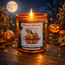 Load image into Gallery viewer, Halloween Samhain Candle 13oz Ltd Ed Orange Glass Pumpkin Soy, Witch Altar Ritual Sabbat, Wicca Wheel of the Year, Ancestral Magic