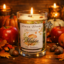 Load image into Gallery viewer, Mabon Sabbat Soy Candle 12 oz Elegant Rowan Woods Collection Druid Awen Witchy 2nd Harvest of Fruit &amp; Trees Festival Autumnal Equinox Apple