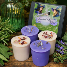 Load image into Gallery viewer, Practical Magic Soy Votive Candles, Amethyst Lavender &amp; Garnet Rose Petals (Set of 4) Inspired
