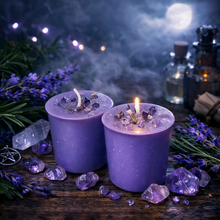 Load image into Gallery viewer, Practical Magic Soy Votive Candles, Amethyst Lavender &amp; Garnet Rose Petals (Set of 4) Inspired