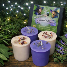 Load image into Gallery viewer, Practical Magic Soy Votive Candles, Amethyst Lavender &amp; Garnet Rose Petals (Set of 4) Inspired