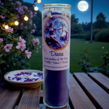 Load image into Gallery viewer, DIANA Fixed Candle Moon Goddess Greek Vigil Ritual W/Moonstones Lavender Ylang Herbal Infused Mugwort Chamomile Mint &amp; Lunar Charm