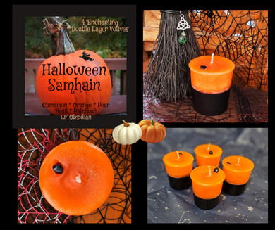SALE ~ Halloween Samhain Votive Candles 2 Layer Cinnamon Orange Pear & Basil Patchouli w/Obsidian ~ Box of 4