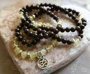 Garnet & Citrine Gemstone Mala Prayer Beads w/OM Charm Manifestation Vitality Passion