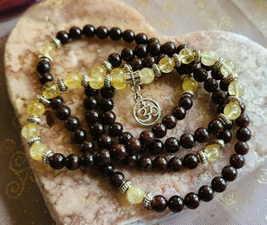 Garnet & Citrine Gemstone Mala Prayer Beads w/OM Charm Manifestation Vitality Passion