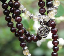 Load image into Gallery viewer, Garnet &amp; Citrine Gemstone Mala Prayer Beads w/OM Charm Manifestation Vitality Passion