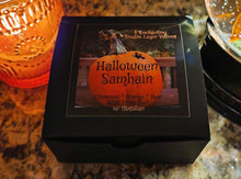 Load image into Gallery viewer, SALE ~ Halloween Samhain Votive Candles 2 Layer Cinnamon Orange Pear &amp; Basil Patchouli w/Obsidian ~ Box of 4