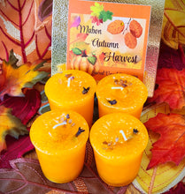 Load image into Gallery viewer, Harvest Mabon Autumn Equinox Candles Set of 4 Cinnamon Orange Pear w/Carnelian Chips and Clove Bud ~Wicca Paganism Fall Celtic End of Summer