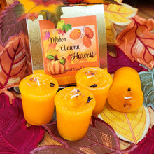 Load image into Gallery viewer, Harvest Mabon Autumn Equinox Candles Set of 4 Cinnamon Orange Pear w/Carnelian Chips and Clove Bud ~Wicca Paganism Fall Celtic End of Summer