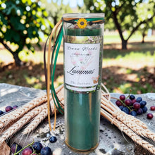 Load image into Gallery viewer, Lammas Lughnasadh Sabbat Candle, Druid Witch Altar, Grain Harvest, Citron/Lavender/Ylang, Aventurine, Herbs, Abundance w/ Sunflower Bracelet