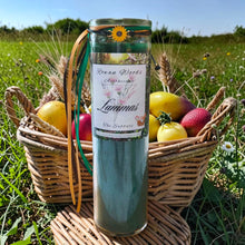 Load image into Gallery viewer, Lammas Lughnasadh Sabbat Candle, Druid Witch Altar, Grain Harvest, Citron/Lavender/Ylang, Aventurine, Herbs, Abundance w/ Sunflower Bracelet