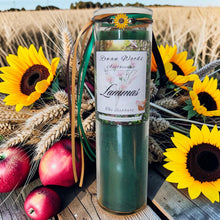 Load image into Gallery viewer, Lammas Lughnasadh Sabbat Candle, Druid Witch Altar, Grain Harvest, Citron/Lavender/Ylang, Aventurine, Herbs, Abundance w/ Sunflower Bracelet