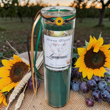 Load image into Gallery viewer, Lammas Lughnasadh Sabbat Candle, Druid Witch Altar, Grain Harvest, Citron/Lavender/Ylang, Aventurine, Herbs, Abundance w/ Sunflower Bracelet