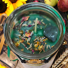 Load image into Gallery viewer, Lammas Lughnasadh Sabbat Candle, Druid Witch Altar, Grain Harvest, Citron/Lavender/Ylang, Aventurine, Herbs, Abundance w/ Sunflower Bracelet