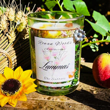 Load image into Gallery viewer, Lammas Sabbat Soy Candle 12 oz Elegant Rowan Woods Collection Druid Awen Witchy First Harvest of Grains &amp; Corn Festival Sunflower Sunstone