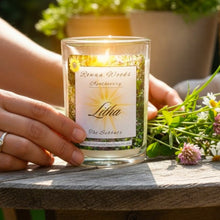 Load image into Gallery viewer, Litha Sabbat Soy Candle 12oz Rowan Woods Collection ~ Druid Awen Summer Solstice Aquamarine Gems Cornflower Petals Ocean Essence Witch Magic