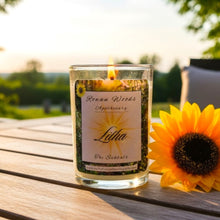 Load image into Gallery viewer, Litha Sabbat Soy Candle 12oz Rowan Woods Collection ~ Druid Awen Summer Solstice Aquamarine Gems Cornflower Petals Ocean Essence Witch Magic