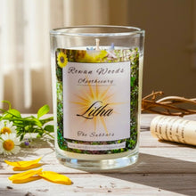 Load image into Gallery viewer, Litha Sabbat Soy Candle 12oz Rowan Woods Collection ~ Druid Awen Summer Solstice Aquamarine Gems Cornflower Petals Ocean Essence Witch Magic