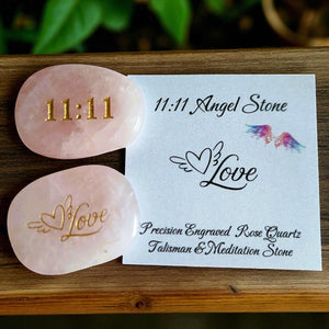 Angel 11:11 Pocket Stone – Double-Sided Crystal for Clarity, Love + Intuition – Quartz, Rose Quartz, Amethyst – Numerology