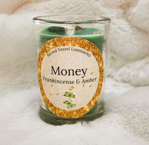 MONEY Candle Soy Blend Jar 3" x 4" 12 oz Feng Shui Coin Aventurine Gold Leaf Frankincense & Amber ~ Prosperity Abundance Wealth