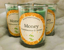 Load image into Gallery viewer, MONEY Candle Soy Blend Jar 3&quot; x 4&quot; 12 oz Feng Shui Coin Aventurine Gold Leaf Frankincense &amp; Amber ~ Prosperity Abundance Wealth