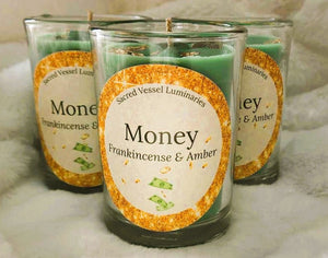 MONEY Candle Soy Blend Jar 3" x 4" 12 oz Feng Shui Coin Aventurine Gold Leaf Frankincense & Amber ~ Prosperity Abundance Wealth