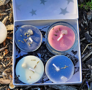 Moon Phase Soy Candles Box of 4 Votives or Tealights with Moonstone Gems & Herbs New Waxing Full Waning