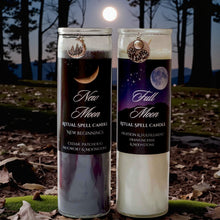 Load image into Gallery viewer, New Moon &amp; Full Moon Ritual Spell Candles w/Moonstones, Mugwort, Patchouli/ Cedar or Frankincense and Rosemary, Coconut Soy