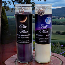 Load image into Gallery viewer, New Moon &amp; Full Moon Ritual Spell Candles w/Moonstones, Mugwort, Patchouli/ Cedar or Frankincense and Rosemary, Coconut Soy