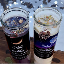 Load image into Gallery viewer, New Moon &amp; Full Moon Ritual Spell Candles w/Moonstones, Mugwort, Patchouli/ Cedar or Frankincense and Rosemary, Coconut Soy