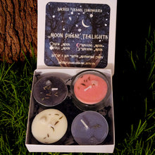 Load image into Gallery viewer, Moon Phase Soy Candles Box of 4 Votives or Tealights with Moonstone Gems &amp; Herbs New Waxing Full Waning