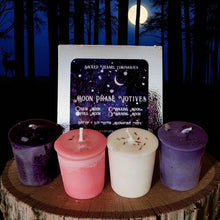 Load image into Gallery viewer, Moon Phase Soy Candles Box of 4 Votives or Tealights with Moonstone Gems &amp; Herbs New Waxing Full Waning