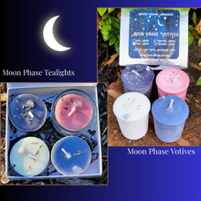 Load image into Gallery viewer, Moon Phase Soy Candles Box of 4 Votives or Tealights with Moonstone Gems &amp; Herbs New Waxing Full Waning