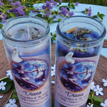 Load image into Gallery viewer, DIANA Fixed Candle Moon Goddess Greek Vigil Ritual W/Moonstones Lavender Ylang Herbal Infused Mugwort Chamomile Mint &amp; Lunar Charm