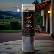 Load image into Gallery viewer, New Moon &amp; Full Moon Ritual Spell Candles w/Moonstones, Mugwort, Patchouli/ Cedar or Frankincense and Rosemary, Coconut Soy