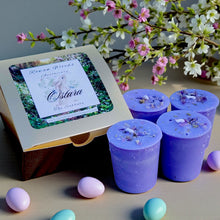 Load image into Gallery viewer, Ostara Sabbat Soy Votive Candles Box of 4 Eostre Spring Equinox Easter Amethyst Violet Anise Vervain