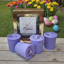 Load image into Gallery viewer, Ostara Sabbat Soy Votive Candles Box of 4 Eostre Spring Equinox Easter Amethyst Violet Anise Vervain