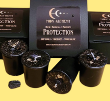 Load image into Gallery viewer, PROTECTION Votive Candles ~ Box of 4 Patchouli Basil Mugwort Black Tourmaline Chips Moon Alchemy Guard &amp; Shield Home Business Property