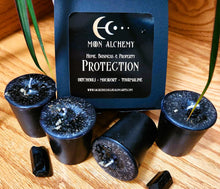 Load image into Gallery viewer, PROTECTION Votive Candles ~ Box of 4 Patchouli Basil Mugwort Black Tourmaline Chips Moon Alchemy Guard &amp; Shield Home Business Property