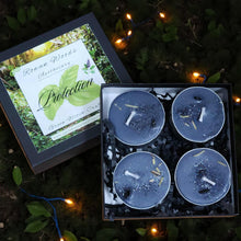 Load image into Gallery viewer, PROTECTION Tealight Candles ~ Box of 4 Soy Patchouli Basil Mugwort Black Tourmaline Chips Guard &amp; Shield Home Business Property