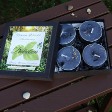 Load image into Gallery viewer, PROTECTION Tealight Candles ~ Box of 4 Soy Patchouli Basil Mugwort Black Tourmaline Chips Guard &amp; Shield Home Business Property