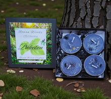 Load image into Gallery viewer, PROTECTION Tealight Candles ~ Box of 4 Soy Patchouli Basil Mugwort Black Tourmaline Chips Guard &amp; Shield Home Business Property