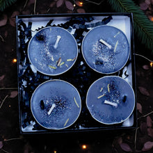 Load image into Gallery viewer, PROTECTION Tealight Candles ~ Box of 4 Soy Patchouli Basil Mugwort Black Tourmaline Chips Guard &amp; Shield Home Business Property