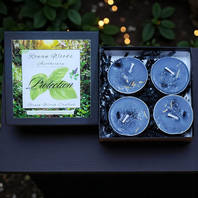 PROTECTION Tealight Candles ~ Box of 4 Soy Patchouli Basil Mugwort Black Tourmaline Chips Guard & Shield Home Business Property