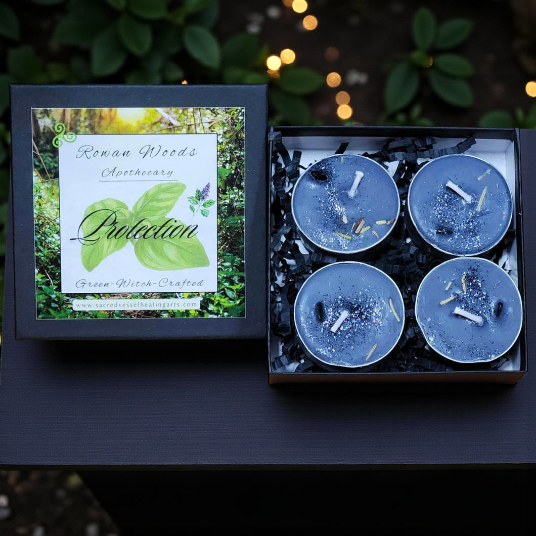PROTECTION Tealight Candles ~ Box of 4 Soy Patchouli Basil Mugwort Black Tourmaline Chips Guard & Shield Home Business Property