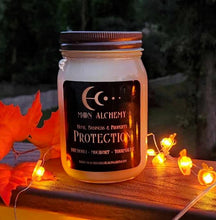 Load image into Gallery viewer, PROTECTION Soy Candle ~ 16 oz.  Jar ~ Patchouli Mugwort Black Tourmaline Moon Alchemy Charm Protect Home Business Property