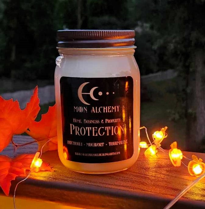 PROTECTION Soy Candle ~ 16 oz.  Jar ~ Patchouli Mugwort Black Tourmaline Moon Alchemy Charm Protect Home Business Property