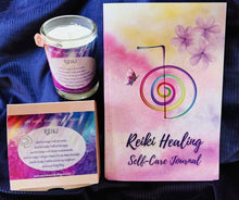 Load image into Gallery viewer, REIKI Candles &amp; Journal Gift Set ~ Soy Jar Candle ~ Beautiful Lined Journal ~ Set of 4 Votives ~ Energy Healing ~ Students ~ Teacher