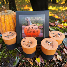 Load image into Gallery viewer, Halloween Samhain Ancestor Night Soy Votive Candles Layered Cinnamon Orange Pear &amp; Basil Patchouli w/Obsidian ~ Box of 4