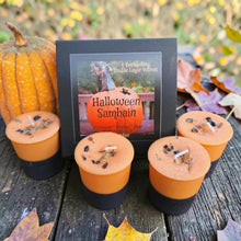 Load image into Gallery viewer, Halloween Samhain Ancestor Night Soy Votive Candles Layered Cinnamon Orange Pear &amp; Basil Patchouli w/Obsidian ~ Box of 4